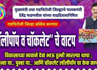 गडचिरोलीत उद्या मुख्यमंत्र्यांच्या वाढदिवसानिमित्त काँग्रेसकडून ‘लालीपॉप-चॉकलेट वाटप’ आंदोलन